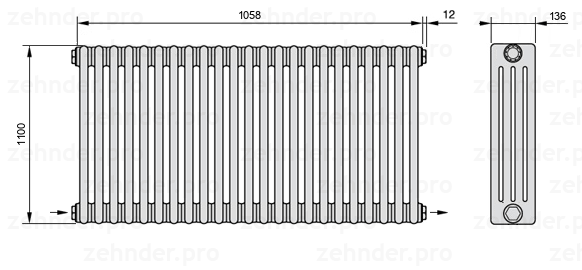 Схема (чертеж) Радиатор Zehnder Charleston 4110/23 №2670 Белый глянцевый RAL 9016